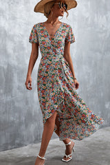 Floral Surplice Neck Tied Midi Dress - Flyclothing LLC