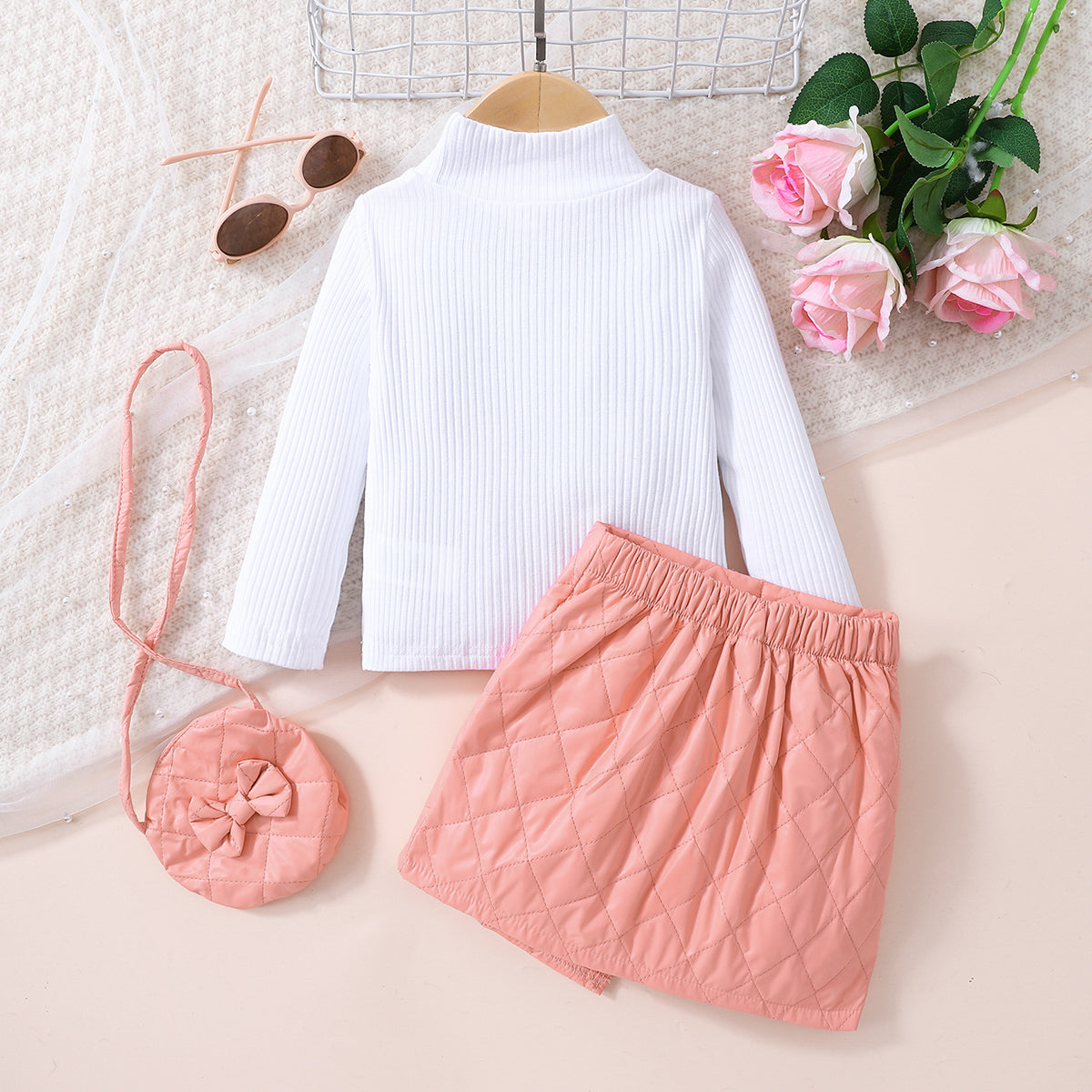 Girls Knit Top and Decorative Button Skirt Set with Bag 