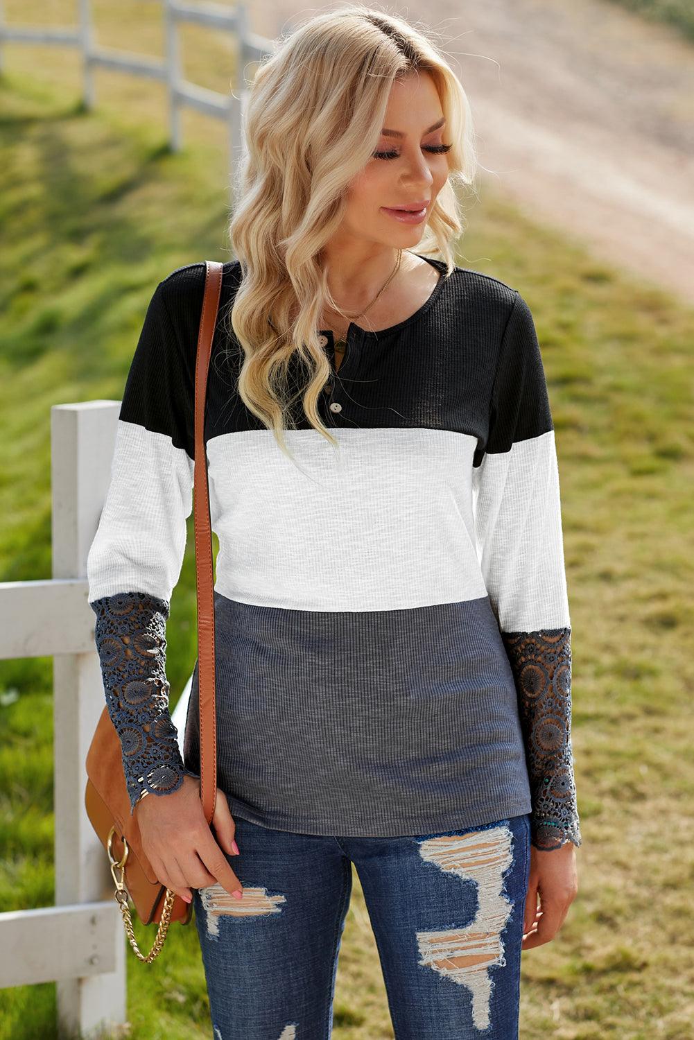 Color Block Spliced Lace Sleeve Ribbed Top - Flyclothing LLC