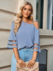 Asymmetrical Neck Sheer Striped Flare Sleeve Blouse - Flyclothing LLC