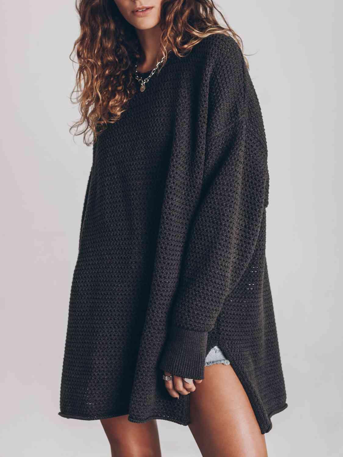 Openwork Round Neck Long Sleeve Slit Sweater - Flyclothing LLC