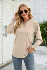 Heathered Flounce Sleeve Curved Hem Top - Trendsi