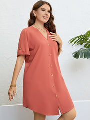 Plus Size Buttoned Notched Neck Shift Dress - Flyclothing LLC