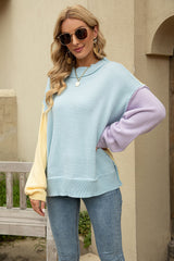 Color Block Round Neck Dropped Shoulder Sweater - Flyclothing LLC