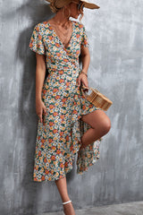 Floral Surplice Neck Tied Midi Dress - Flyclothing LLC