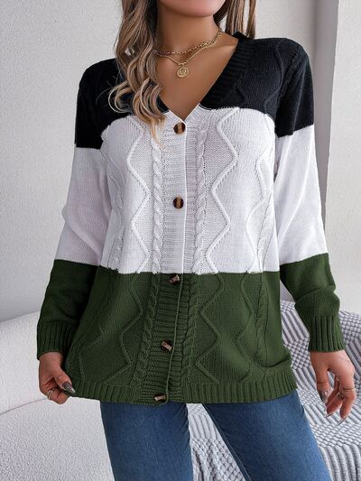 Cable-Knit Striped Button Up Cardigan - Flyclothing LLC