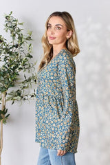 Heimish Full Size Floral Half Button Long Sleeve Blouse - Flyclothing LLC