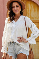 Crochet Flounce Sleeve Button Up Blouse - Flyclothing LLC