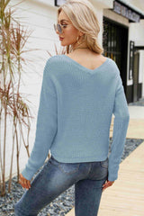 Waffle-Knit Drawstring Detail V-Neck Sweater - Flyclothing LLC