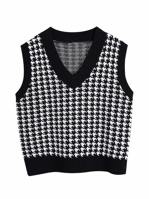 Houndstooth V-Neck Sweater Vet - Trendsi