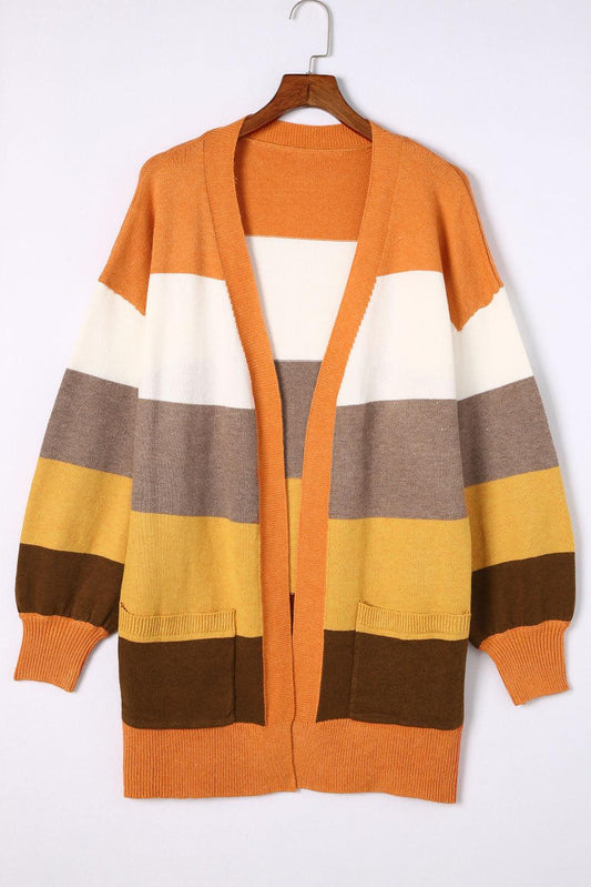 Color Block Lantern Sleeve Open Front Cardigan with Pockets - Flyclothing LLC