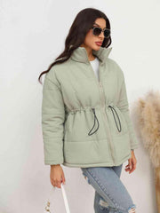 Drawstring Waist Zip-Up Puffer Jacket - Flyclothing LLC