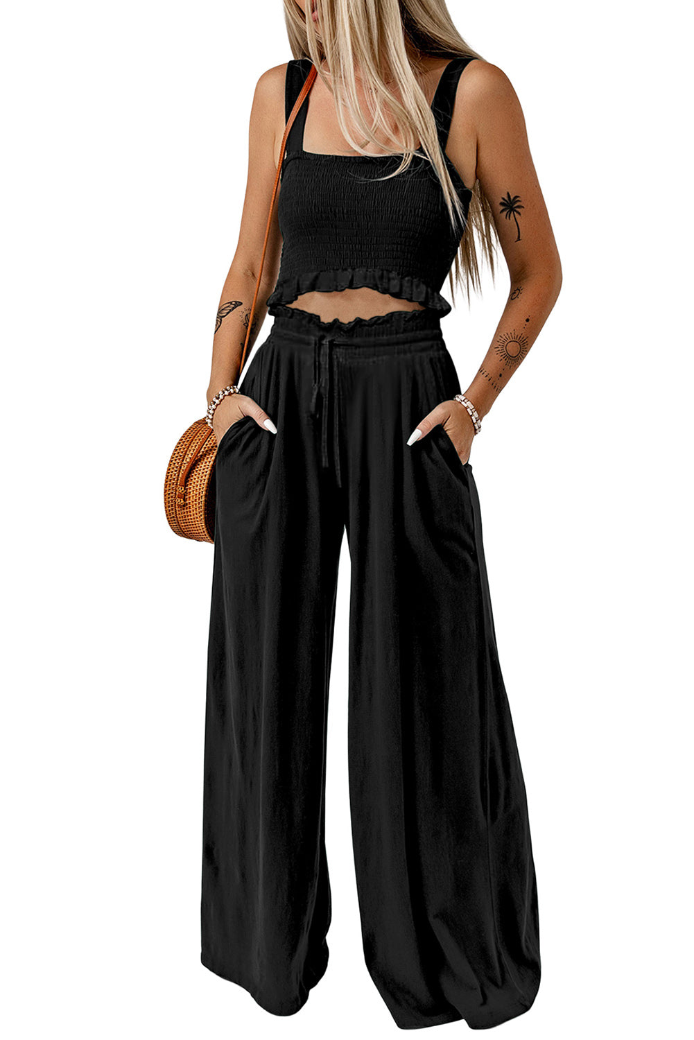 Square Neck Cropped Tank Top and Long Pants Set - Flyclothing LLC