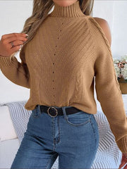 Cable-Knit Turtleneck Cold Shoulder Sweater - Flyclothing LLC