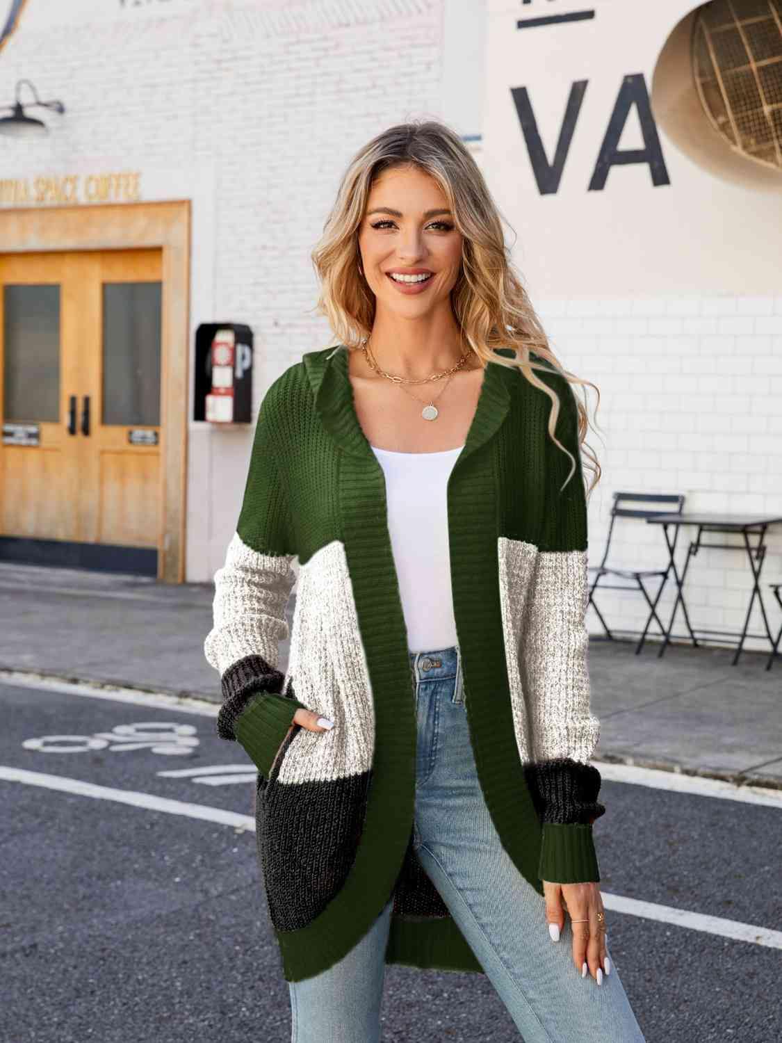 Color Block Open Front Hooded Cardigan - Trendsi