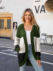 Color Block Open Front Hooded Cardigan - Flyclothing LLC