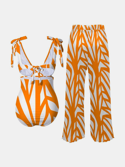 Printed Tie Shoulder Swimwear and Pants Swim Set - Flyclothing LLC