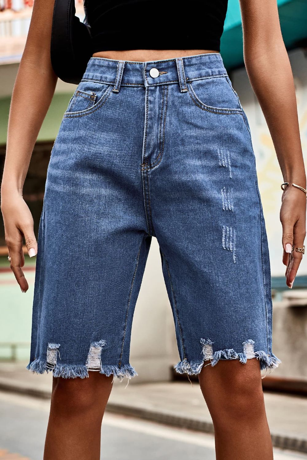 Raw Hem High Waist Denim Shorts with Pockets - Flyclothing LLC