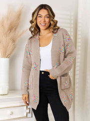 Star Pattern Open Front Cardigan with Pockets - Flyclothing LLC