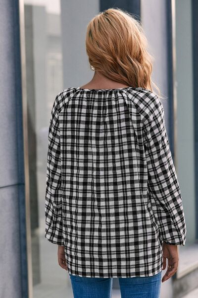 Plaid Tie Neck Balloon Sleeve Blouse - Flyclothing LLC