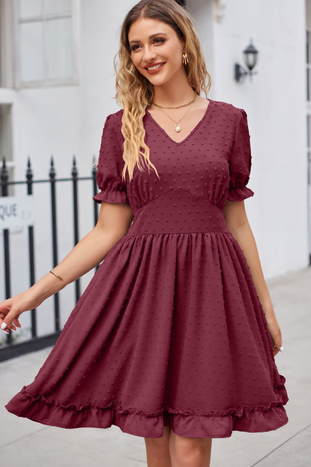 Swiss Dot Frill Trim Flounce Sleeve V-Neck Dress - Flyclothing LLC