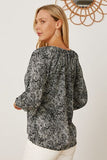 Printed Tie Neck Lantern Sleeve Blouse - Flyclothing LLC