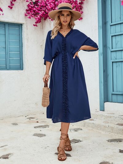 Frill Slit V-Neck Three-Quarter Sleeve Dress - Flyclothing LLC