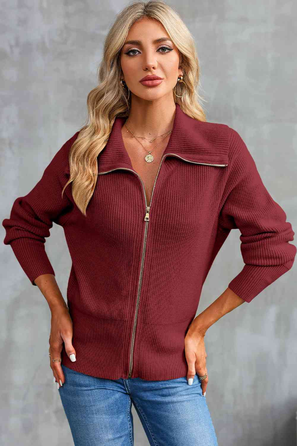 Zip-Up Collared Cardigan - Flyclothing LLC