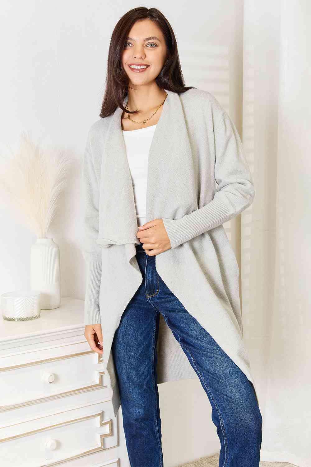 Double Take Open Front Duster Cardigan with Pockets - Flyclothing LLC