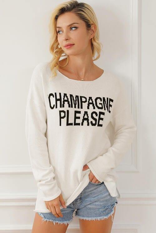 CHAMPAGNE PLEASE Long Sleeve Slit Sweater - Trendsi