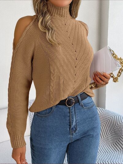 Cable-Knit Turtleneck Cold Shoulder Sweater - Flyclothing LLC