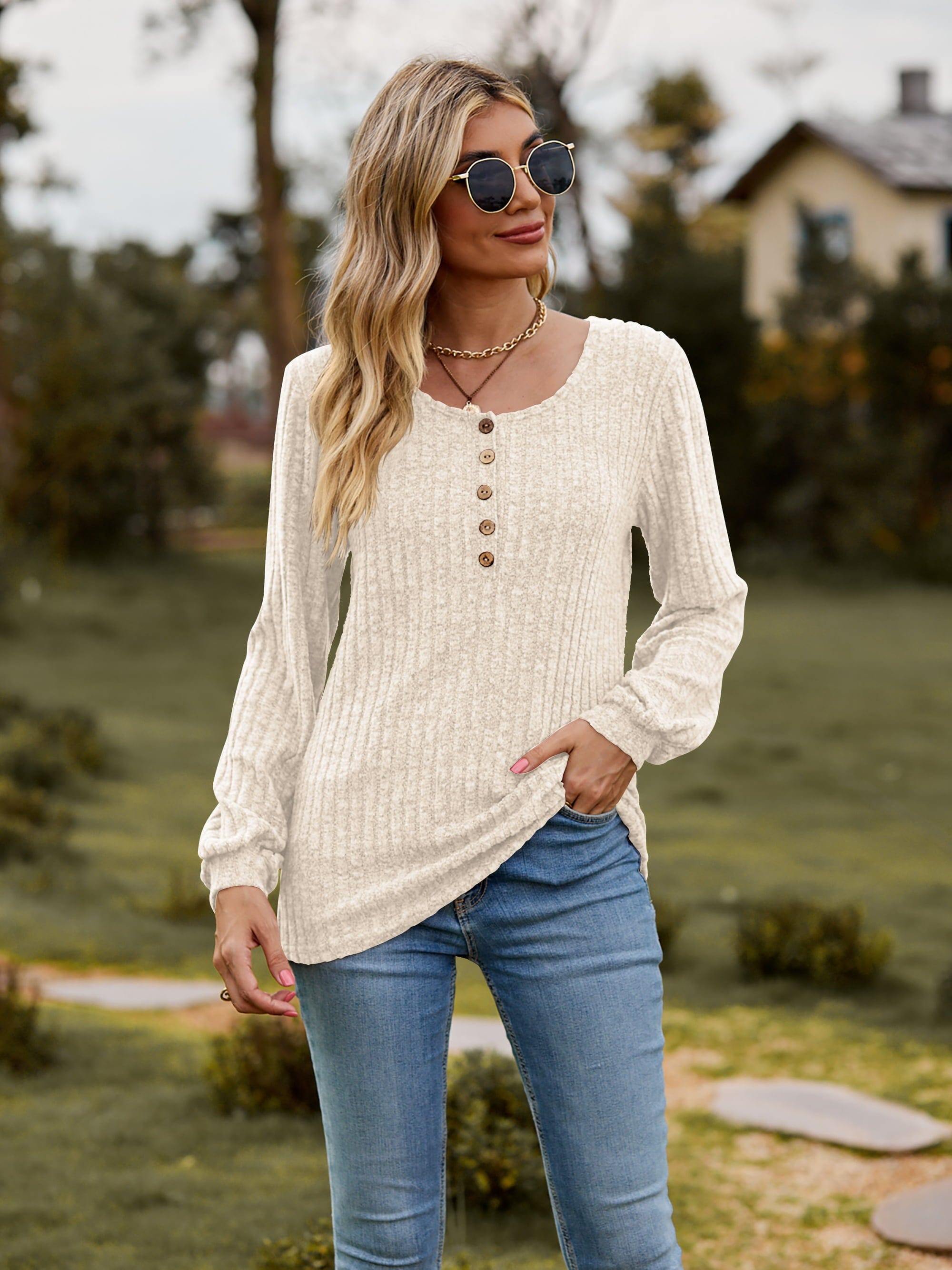 Round Neck Button-Down Long Sleeve Tee - Trendsi