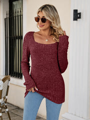 Square Neck Ribbed Long Sleeve T-Shirt - Flyclothing LLC