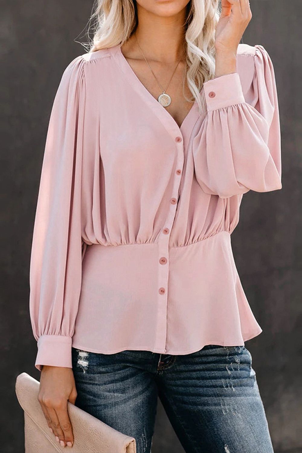 Buttoned Puff Sleeve Blouse - Flyclothing LLC