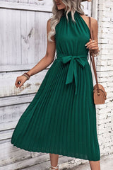 Tie Belt Pleated Midi Dress - Flyclothing LLC