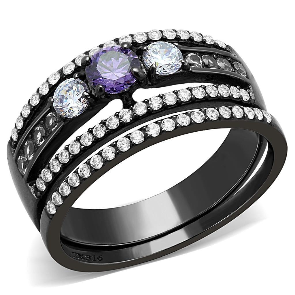 Alamode IP Black(Ion Plating) Stainless Steel Ring with AAA Grade CZ in Amethyst - Alamode