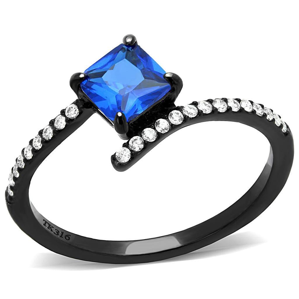 Alamode IP Black(Ion Plating) Stainless Steel Ring with Synthetic Spinel in London Blue - Alamode