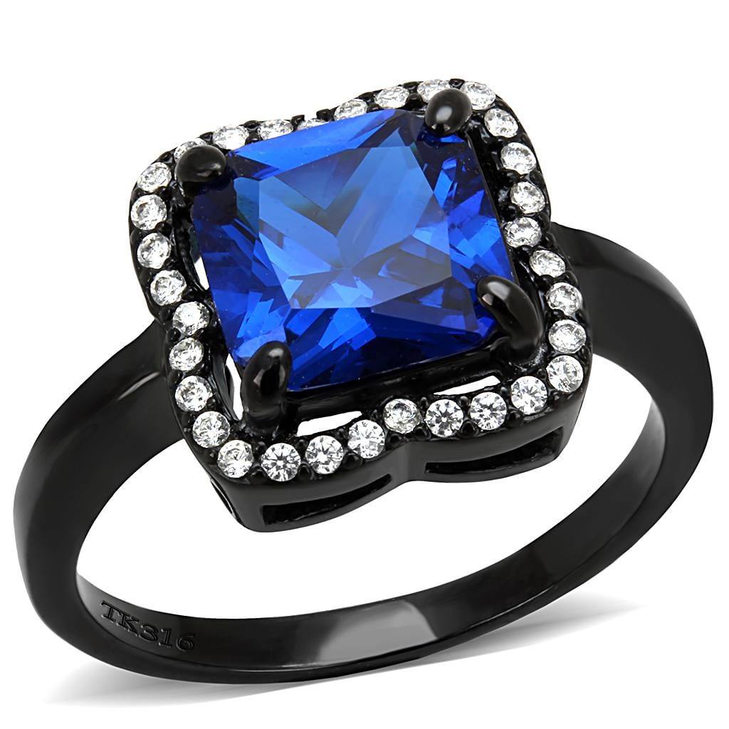 Alamode IP Black(Ion Plating) Stainless Steel Ring with Synthetic Spinel in London Blue - Alamode