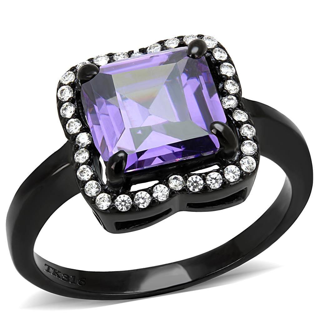 Alamode IP Black(Ion Plating) Stainless Steel Ring with AAA Grade CZ in Amethyst - Alamode