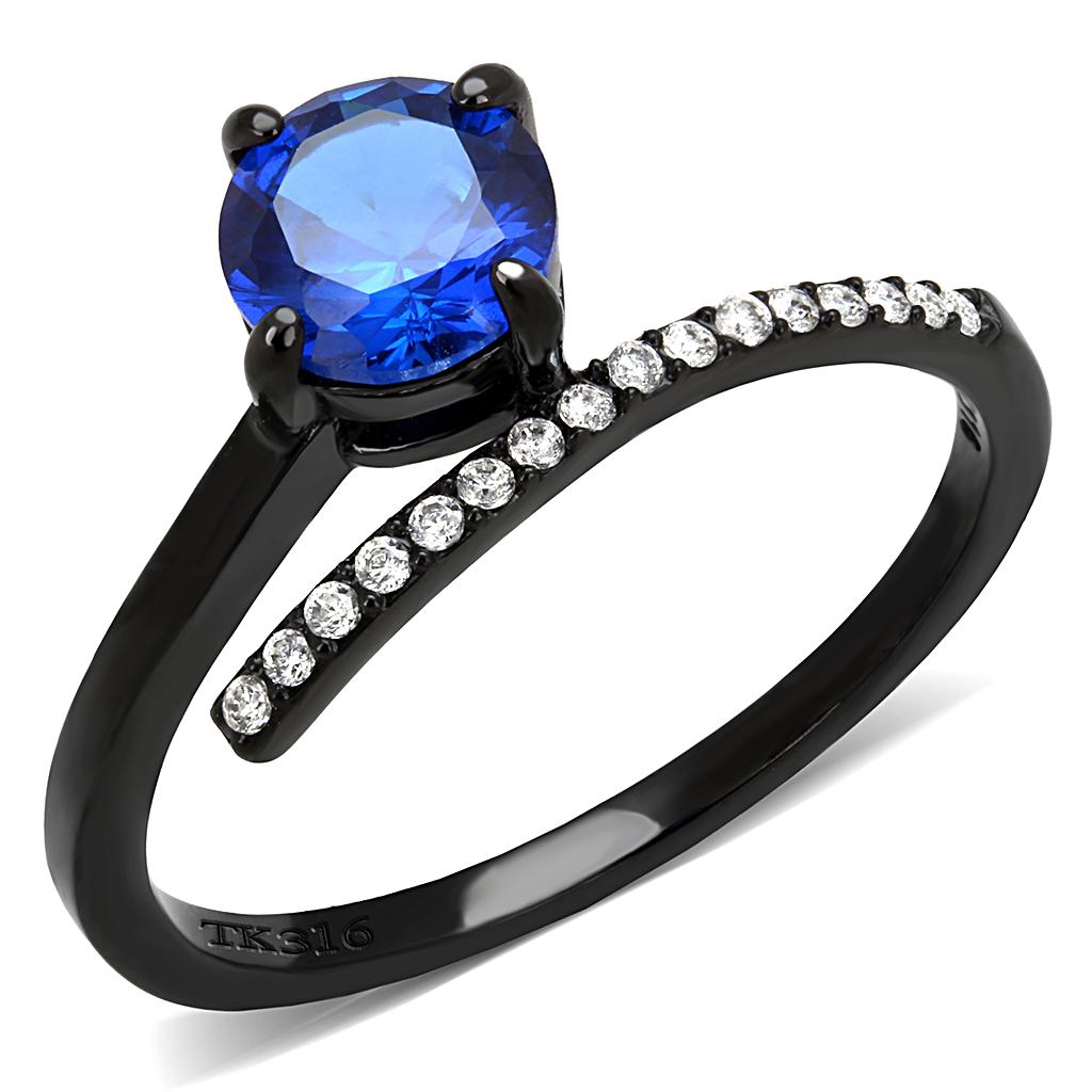 Alamode IP Black(Ion Plating) Stainless Steel Ring with Synthetic Spinel in London Blue - Alamode