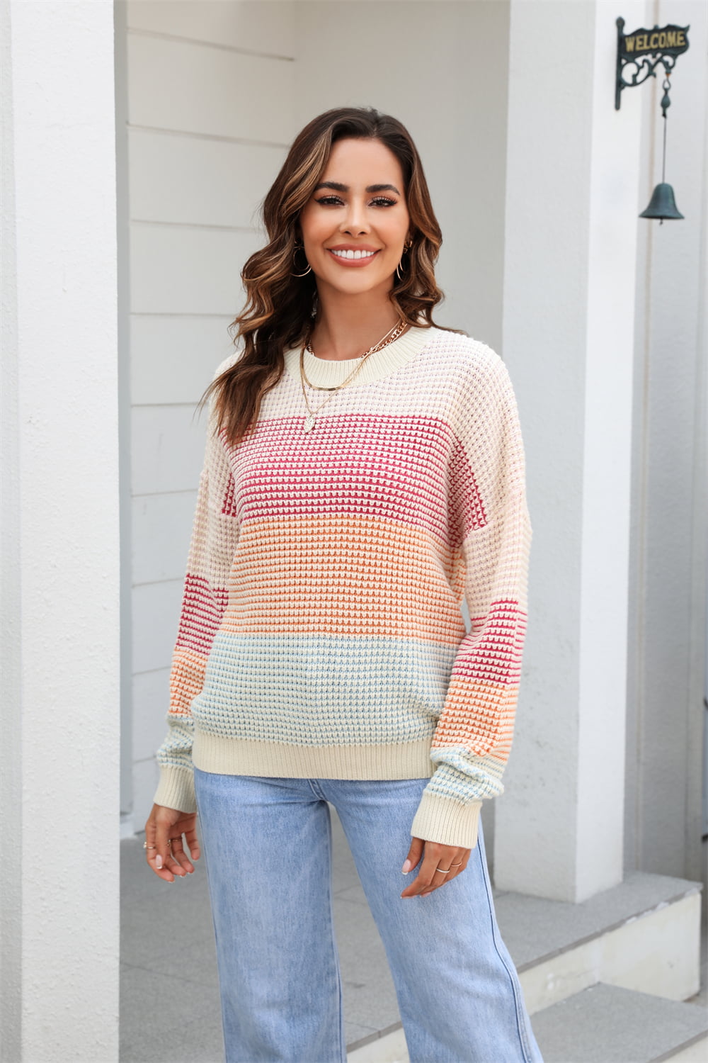 Waffle-Knit Round Neck Dropped Shoulder Color Block Sweater - Flyclothing LLC