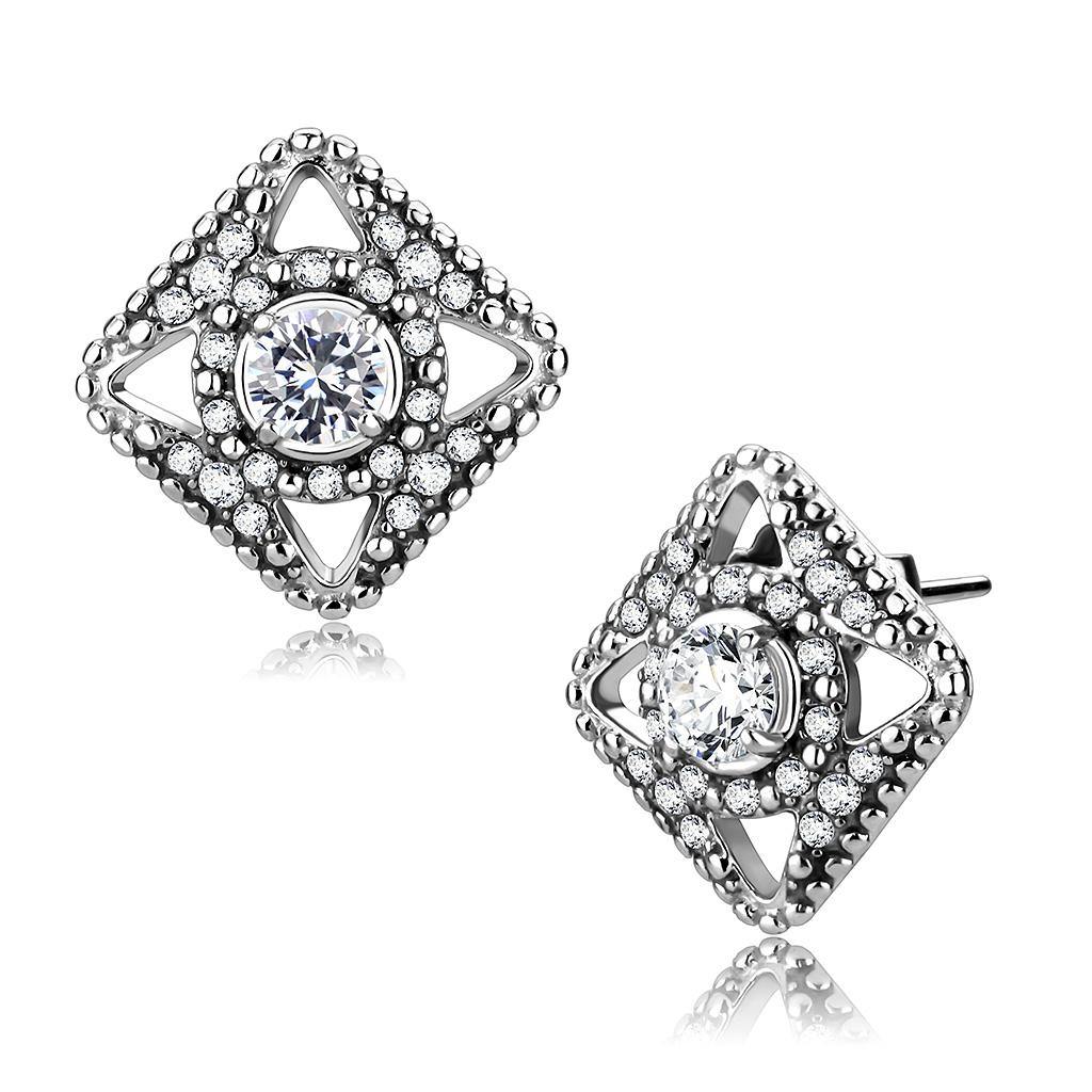 Alamode High polished (no plating) Stainless Steel Earrings with AAA Grade CZ in Clear