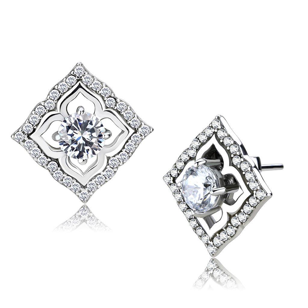 Alamode High polished (no plating) Stainless Steel Earrings with AAA Grade CZ in Clear