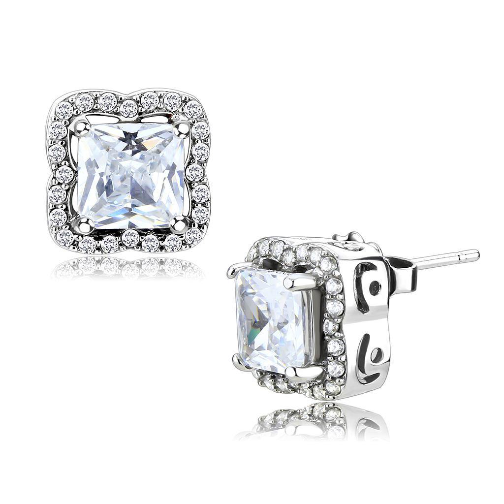 Alamode High polished (no plating) Stainless Steel Earrings with AAA Grade CZ in Clear