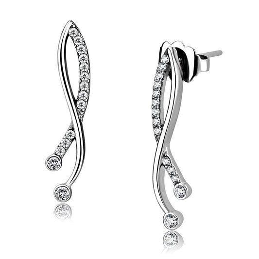 Alamode High polished (no plating) Stainless Steel Earrings with AAA Grade CZ in Clear