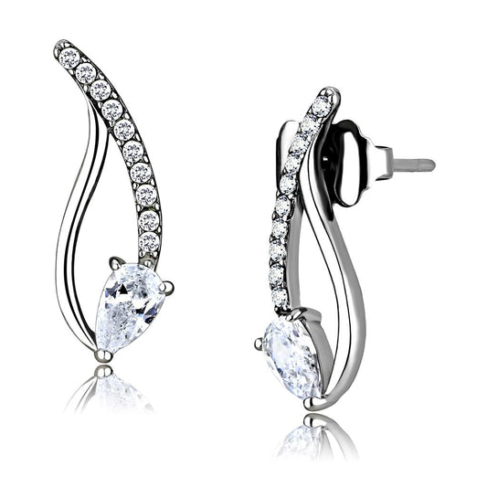 Alamode High polished (no plating) Stainless Steel Earrings with AAA Grade CZ in Clear