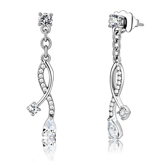 Alamode High polished (no plating) Stainless Steel Earrings with AAA Grade CZ in Clear