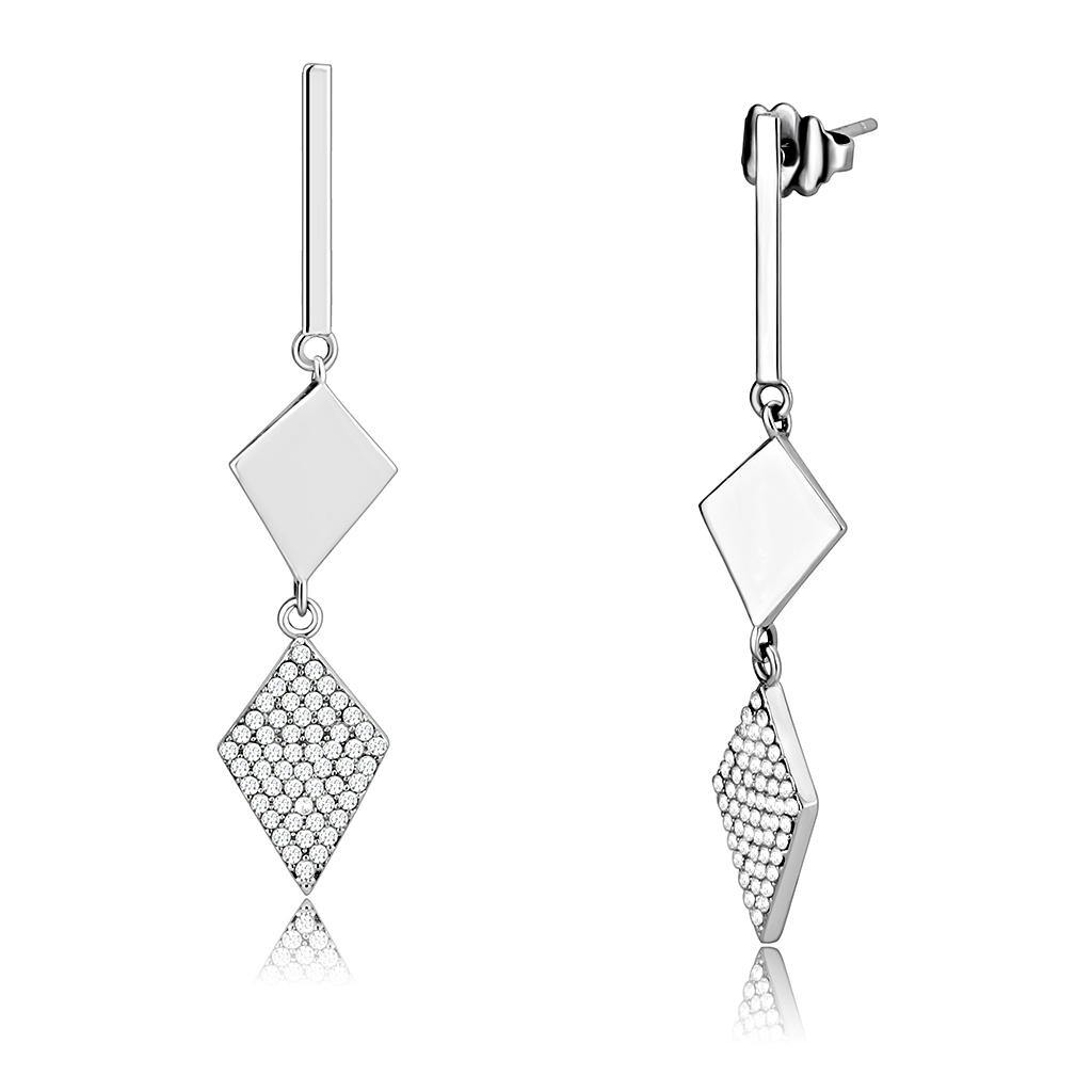 Alamode High polished (no plating) Stainless Steel Earrings with AAA Grade CZ in Clear