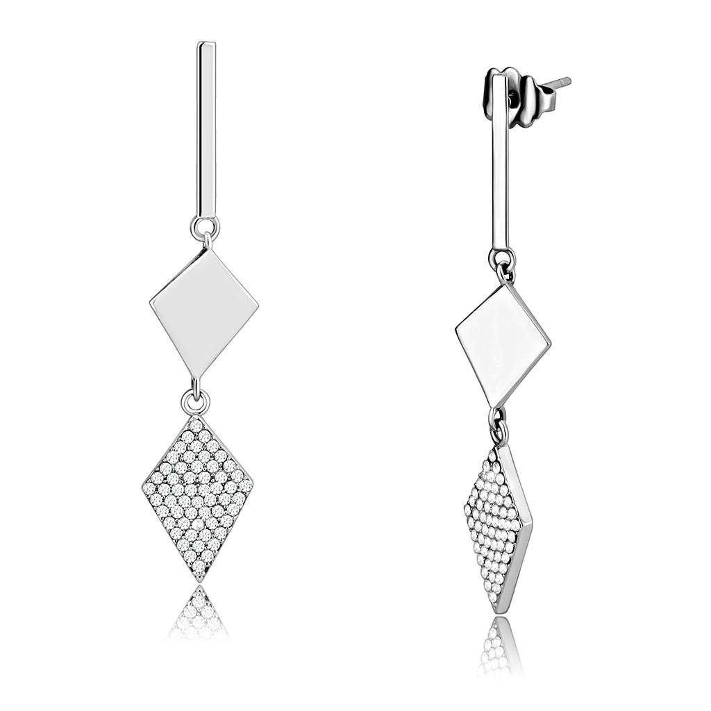 Alamode High polished (no plating) Stainless Steel Earrings with AAA Grade CZ in Clear