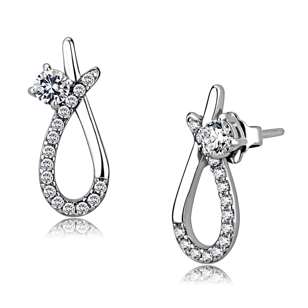 Alamode High polished (no plating) Stainless Steel Earrings with AAA Grade CZ in Clear